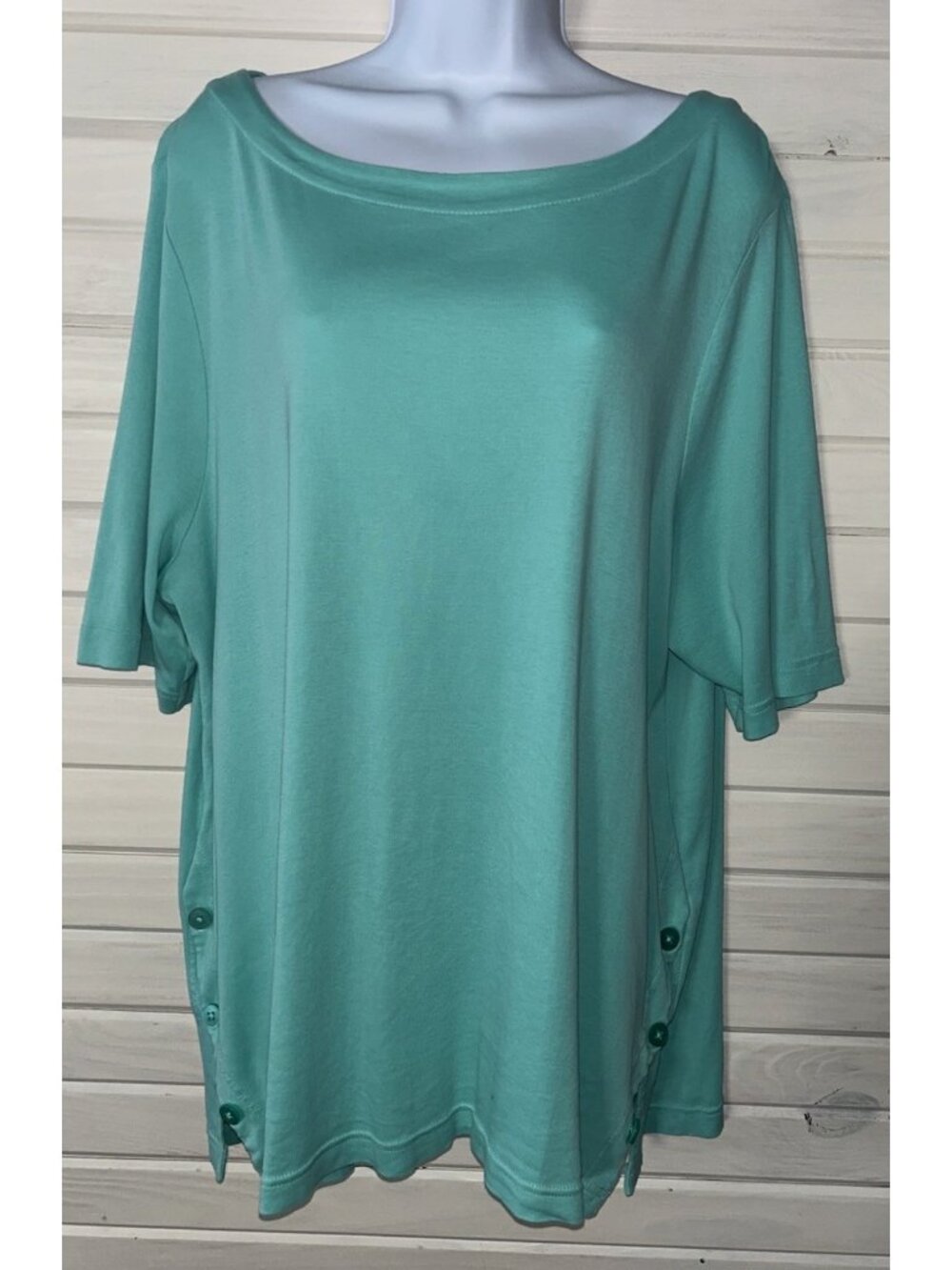 Chicos Sz 3 (XL) Pima Cotton Aqua Green Tee Elbow Sleeve Side Button EUC